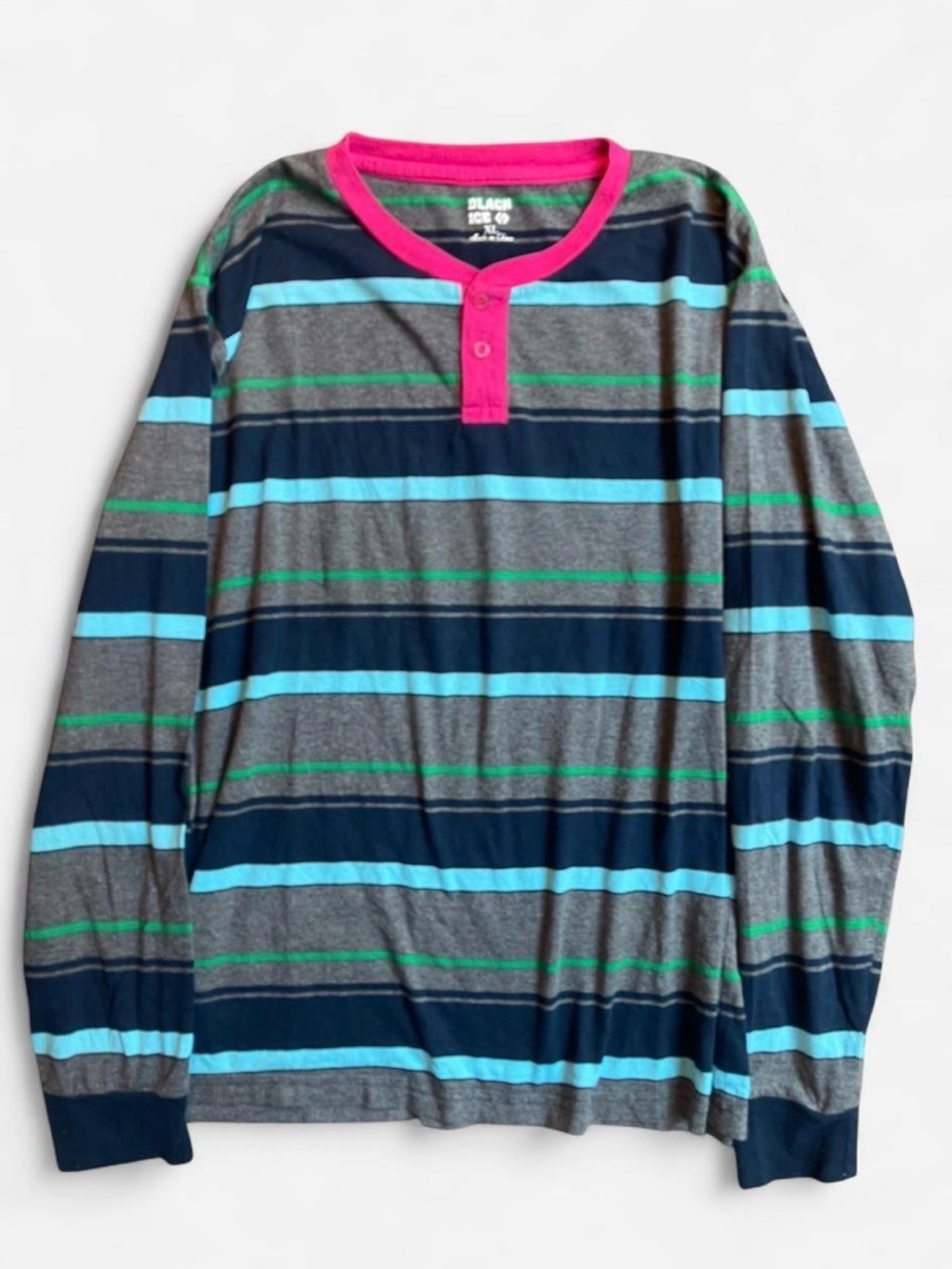 Black Ice Multicolored Stripe Grunge Streetwear Henley Style Long Sleeve Sz XL